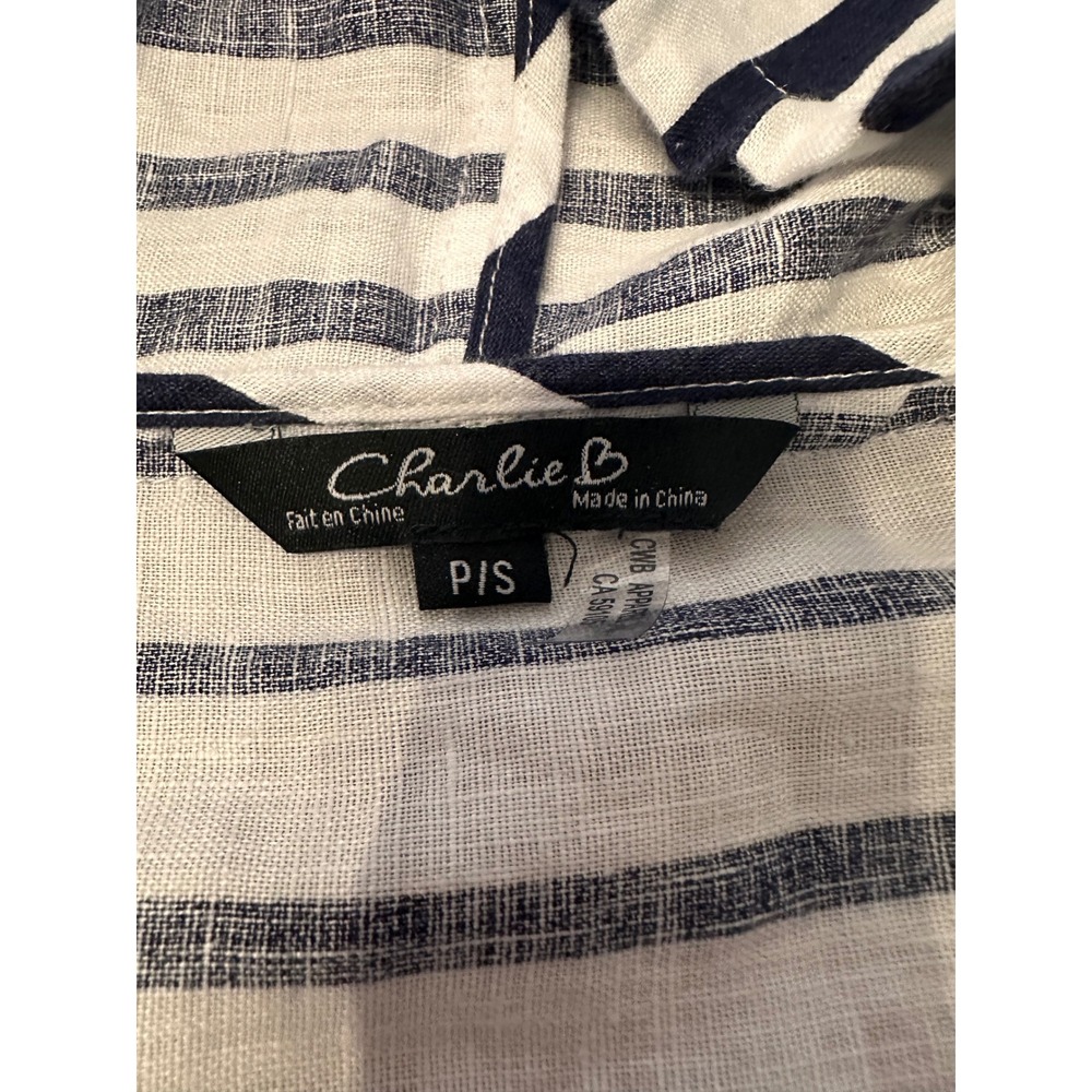 Charlie B Womens 100% Linen Striped Hooded Open Front Cardigan Navy White P/S - Picture 6 of 9